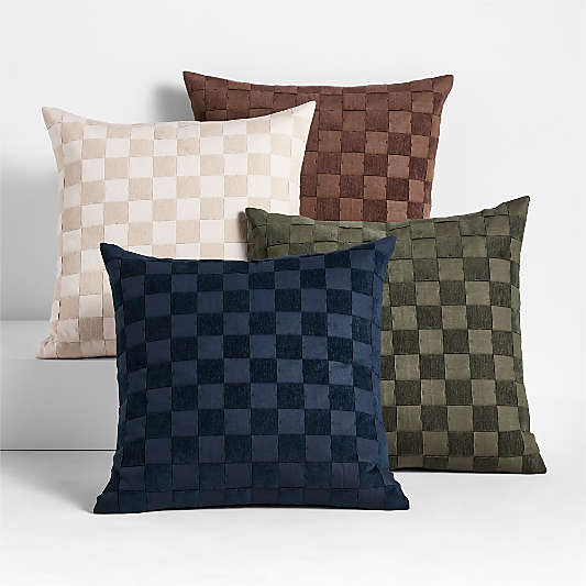 Tonal Checkerboard Organic Cotton Linen Blend 23"x23" Deep Brown Throw Pillow with Down-Alternative Insert