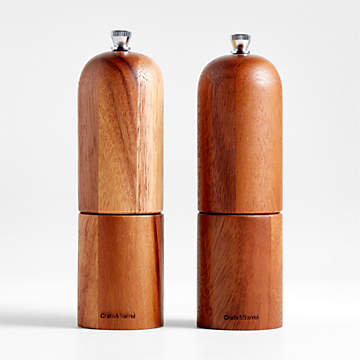 Salt And Pepper Shaker DeroTeno Salt And Pepper Mill Set, Adjustable Ceramic Grinder Salt Mill Set Adjustable Ceramic Grinder Mill Stainless Steel Acacia Wood 8 Inch 22 Cm Height Bottom Dia 5