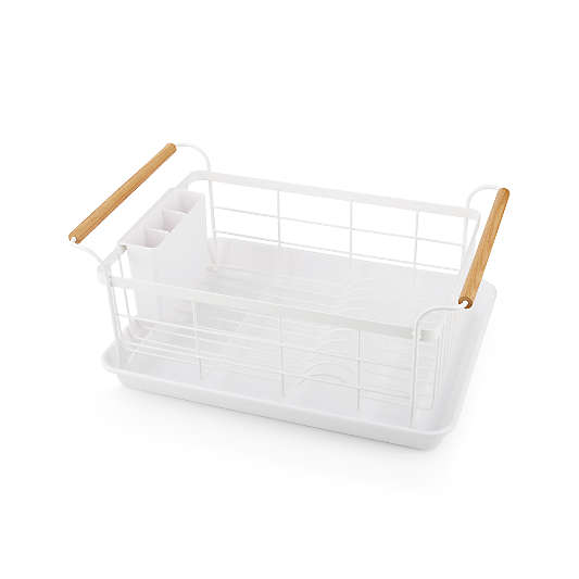 Yamazaki Tosca White Dish Rack with Wood Handles