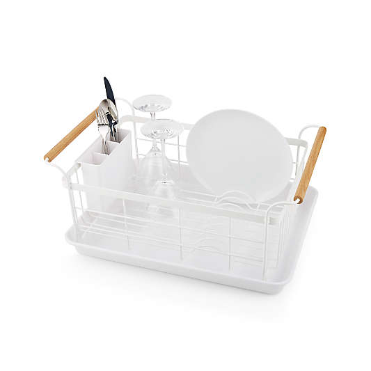 Yamazaki Tosca White Dish Rack with Wood Handles