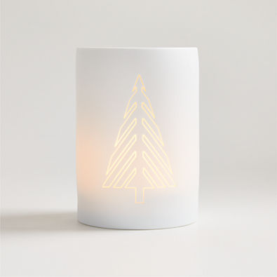 View Medium White Christmas Tree Porcelain Hurricane Candle Holder 7" details