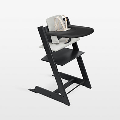 View Stokke ® Tripp Trapp ® Complete Black Wood Baby High Chair with Nordic Grey Cushion and Stokke Tray details