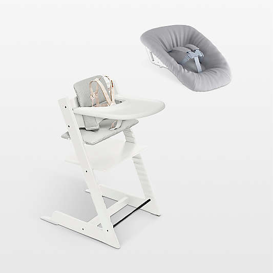 Stokke ®  Tripp Trapp ® Complete White Wood Baby High Chair with Nordic Grey Cushion, Newborn Set and Stokke Tray