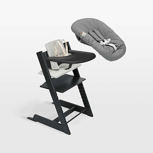 Stokke Tripp Trapp Black Wood High Chair with Cushion, Tray and Newborn Bundle
