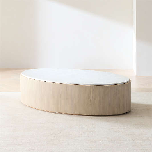 Troupe Marble and Natural Pine Wood 60" Oval Coffee Table