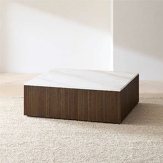 Troupe Marble and Oak Wood Ribbed 44" Square Coffee Table