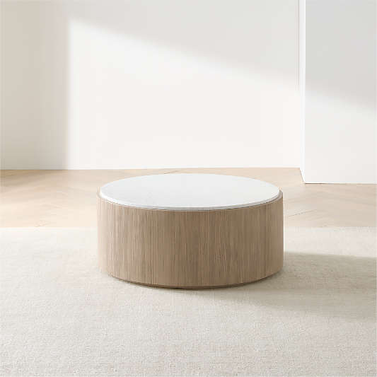 Troupe Marble and Natural Pine Wood Round Coffee Table (36"-56")