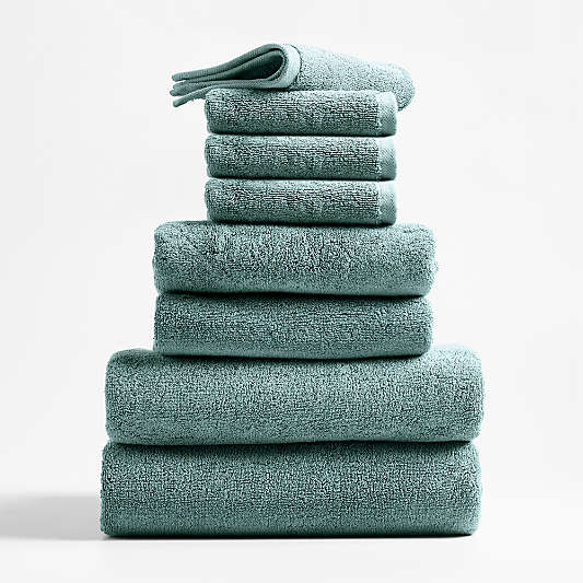 Classic Organic Turkish Cotton Ocean Blue Bath Towels, Set of 8