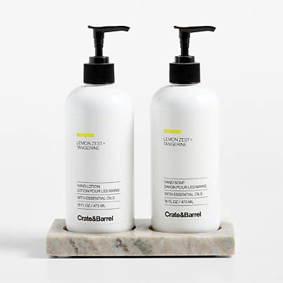 Lemon Zest + Tangerine Hand Soap & Lotion 3-Piece Set with Tuscan Kitchen Marble Caddy