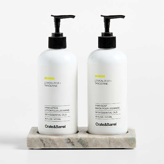 Lemon Zest + Tangerine Hand Soap & Lotion 3-Piece Set with Tuscan Kitchen Marble Caddy