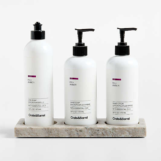 Fig + Amber Dish Soap, Hand Soap & Lotion 4-Piece Set with Tuscan Kitchen Marble Caddy