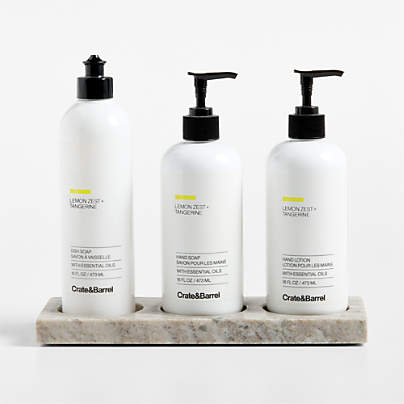 Lemon Zest + Tangerine Dish Soap, Hand Soap & Lotion 4-Piece Set with Tuscan Kitchen Marble Caddy