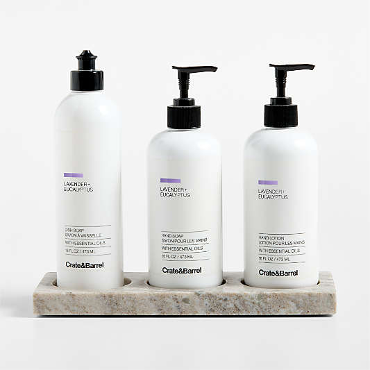 Lavender + Eucalyptus Dish Soap, Hand Soap & Lotion 4-Piece Set with Tuscan Kitchen Marble Caddy