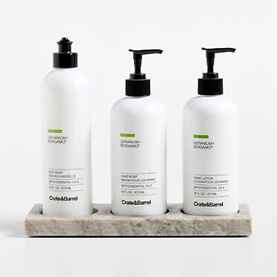 Geranium + Bergamot Dish Soap, Hand Soap & Lotion 4-Piece Set with Tuscan Kitchen Marble Caddy