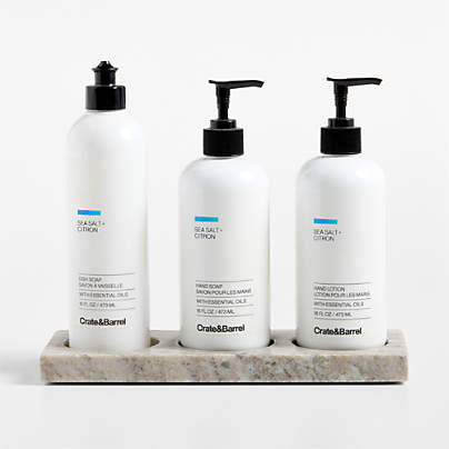 Sea Salt + Citron Dish Soap, Hand Soap & Lotion 4-Piece Set with Tuscan Kitchen Marble Caddy