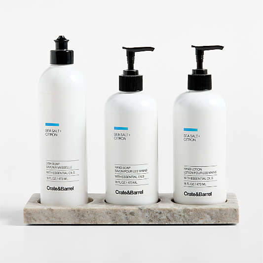 Sea Salt + Citron Dish Soap, Hand Soap & Lotion 4-Piece Set with Tuscan Kitchen Marble Caddy