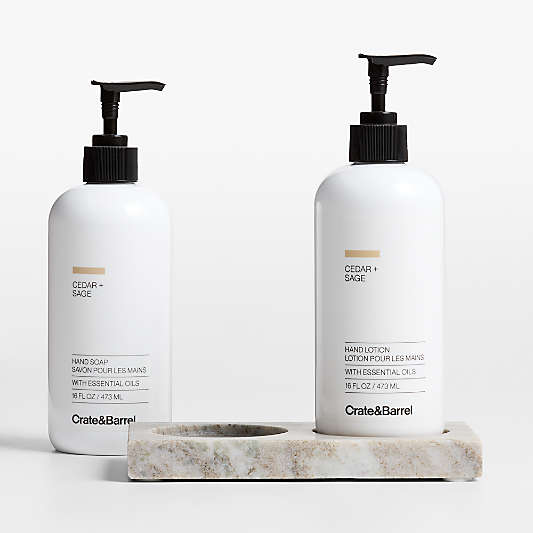 Cedar + Sage Hand Soap and Lotion Set with Tuscan Marble Caddy