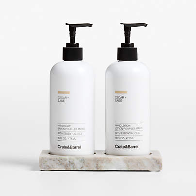 Cedar + Sage Hand Soap and Lotion Set with Tuscan Marble Caddy