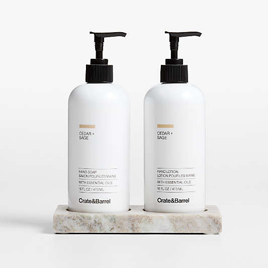 Cedar + Sage Hand Soap and Lotion Set with Tuscan Marble Caddy