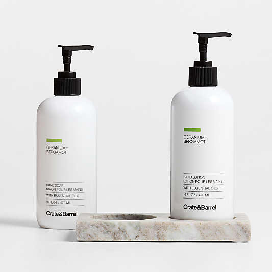 Geranium + Bergamot Hand Soap & Lotion 3-Piece Set with Tuscan Kitchen Marble Caddy