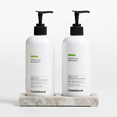Geranium + Bergamot Hand Soap and Lotion Set with Tuscan Marble Caddy