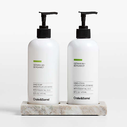 Geranium + Bergamot Hand Soap & Lotion 3-Piece Set with Tuscan Kitchen Marble Caddy