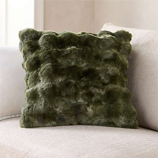 Textured Faux Fur 20"x20" Burnt Green Throw Pillow with Down-Alternative Insert