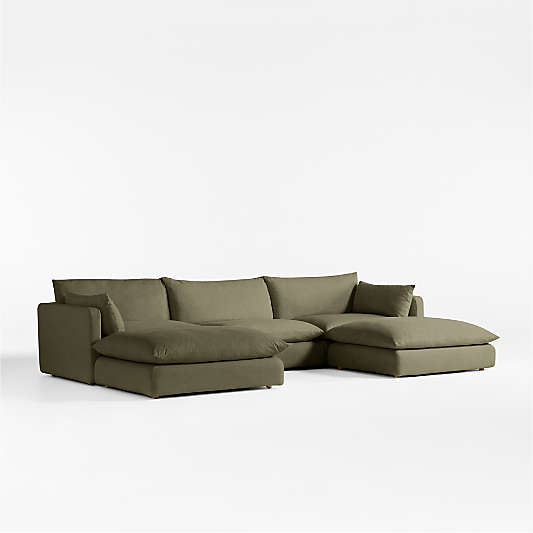 Unwind Modular 5-Piece U-Shaped Slipcovered Sectional Sofa with Double Ottoman
