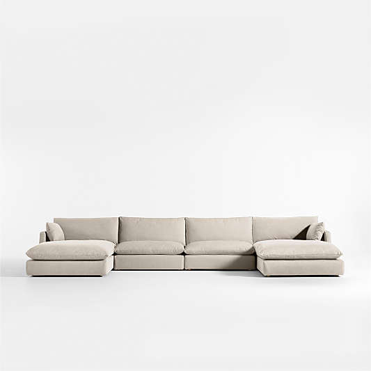 Unwind Modular 4-Piece U-Shaped Slipcovered Sectional Sofa with Double Chaise Lounge