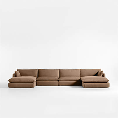 Unwind Modular 4-Piece U-Shaped Slipcovered Sectional Sofa with Double Chaise Lounge
