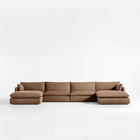 Unwind Modular 4-Piece U-Shaped Slipcovered Sectional Sofa with Double Chaise Lounge