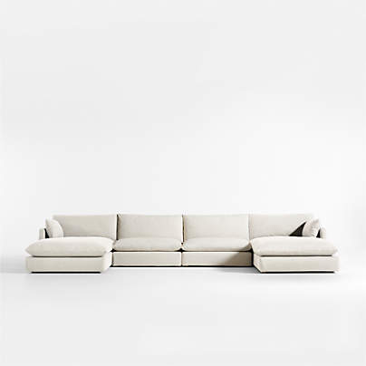 Unwind Modular 4-Piece U-Shaped Slipcovered Sectional Sofa with Double Chaise Lounge