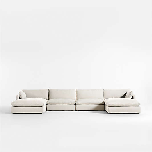 Unwind Modular 4-Piece U-Shaped Slipcovered Sectional Sofa with Double Chaise Lounge