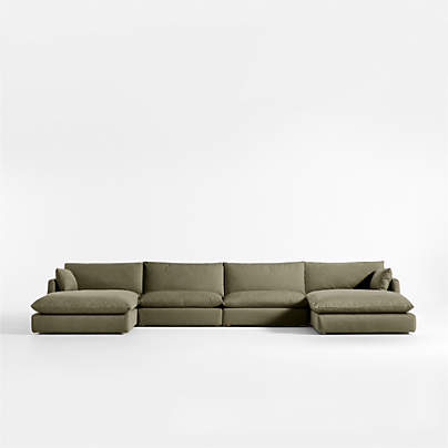 Unwind Modular 4-Piece U-Shaped Slipcovered Sectional Sofa with Double Chaise Lounge