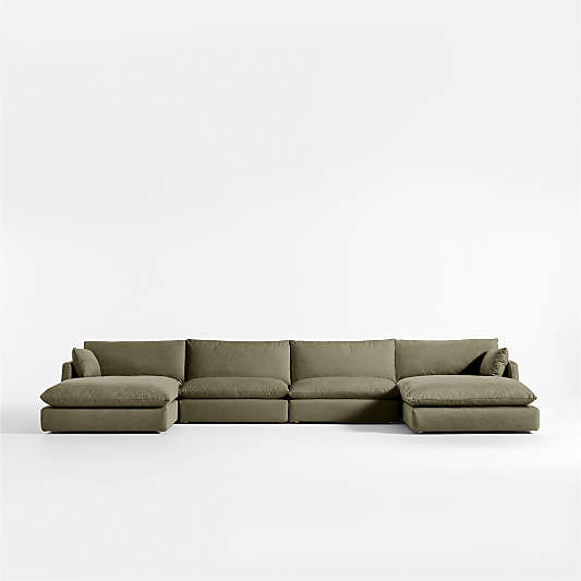 Unwind Modular 4-Piece U-Shaped Slipcovered Sectional Sofa with Double Chaise Lounge