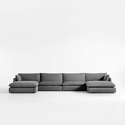 Unwind Modular 4-Piece U-Shaped Slipcovered Sectional Sofa with Double Chaise Lounge
