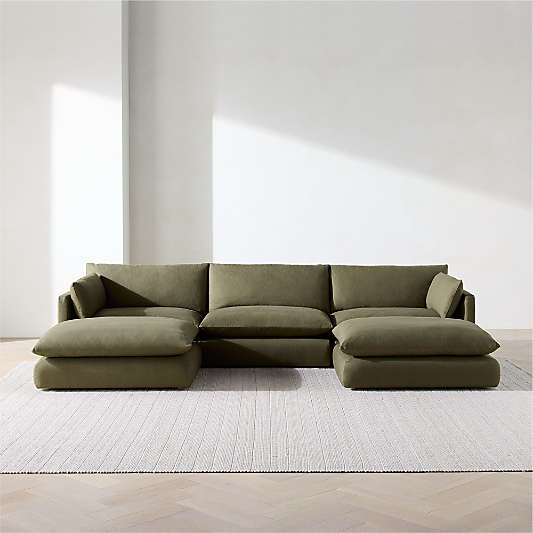 Unwind Modular 5-Piece U-Shaped Slipcovered Sectional Sofa with Double Ottoman
