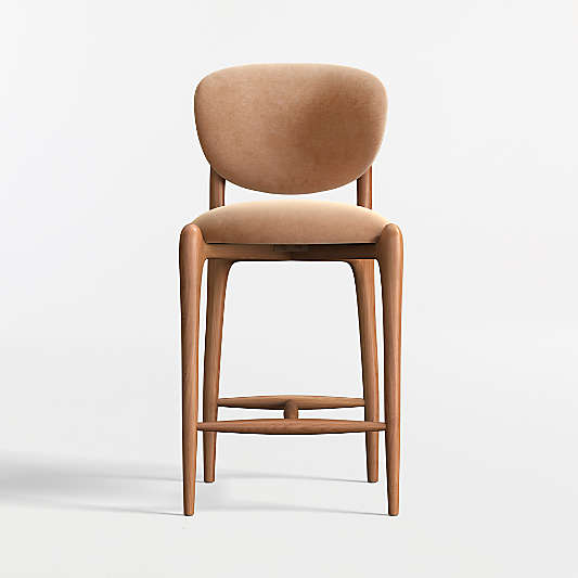Via Toffee Brown Velvet Walnut Wood Counter Stool