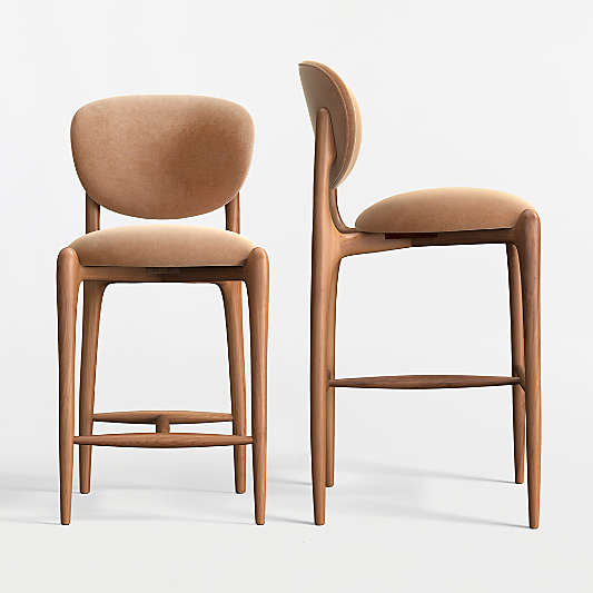 Via Toffee Brown Velvet Walnut Wood Stools