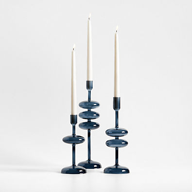 View Venezia Deep Blue Glass Taper Candle Holders, Set of 3 details