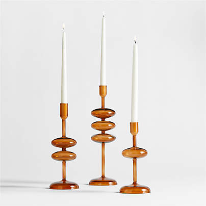 Venezia Amber Brown Glass Taper Candle Holders, Set of 3