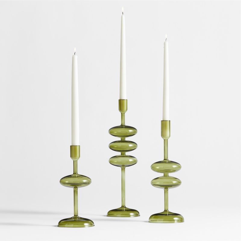 Venezia Olive Green Glass Taper Candle Holders, Set of 3