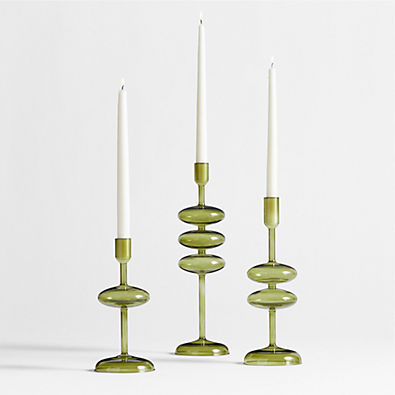 View Venezia Olive Green Glass Taper Candle Holders, Set of 3 details