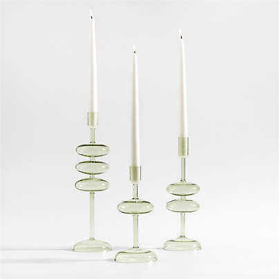 Venezia Smoke Green Glass Taper Candle Holders, Set of 3