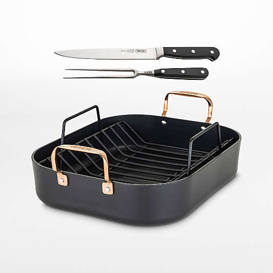 Viking ® Hard-Anodized Non-Stick Roaster with Copper Handles, Rack and Carving Set