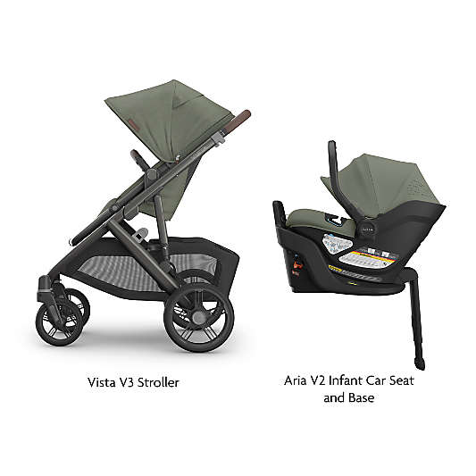 UPPAbaby Vista V3 Evelyn Meadow Green Foldable Convertible Baby Stroller + Aria V2 Infant Car Seat Travel System