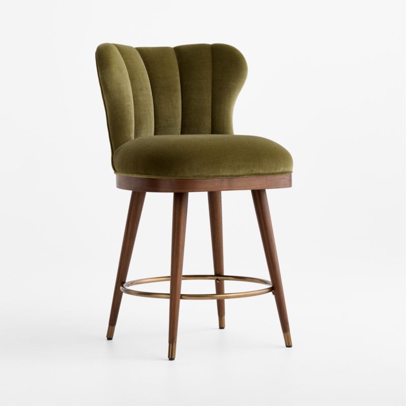 Vivienne Olive Green Velvet Natural Walnut Wood Swivel Counter Stool - image 4 of 8