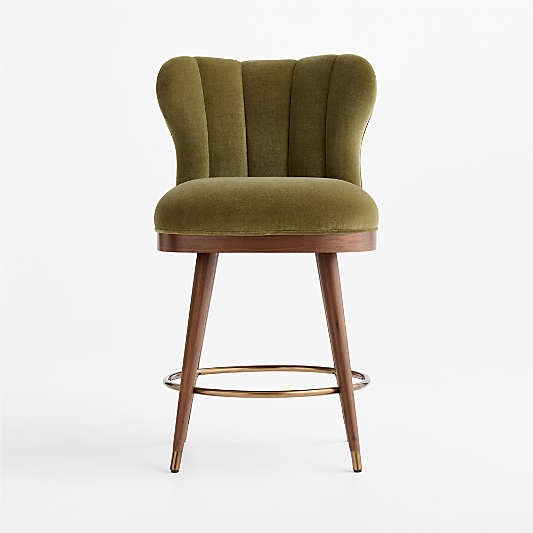 Vivienne Olive Green Velvet Natural Walnut Wood Swivel Counter Stool
