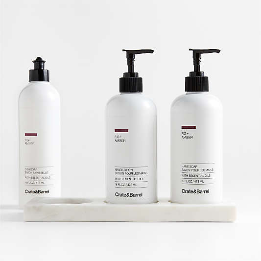 Fig + Amber Dish Soap, Hand Soap & Lotion 4-Piece Set with White Kitchen Marble Caddy
