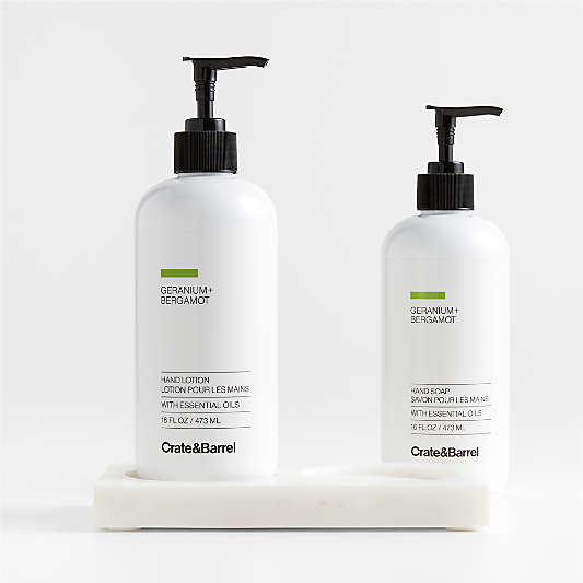 Geranium + Bergamot Hand Soap and Lotion Set with White Marble Caddy